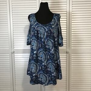 a.Jesdani Boho Blue Paisley Cold Shoulder Draped Stretch Flowy Tunic Blouse 2X